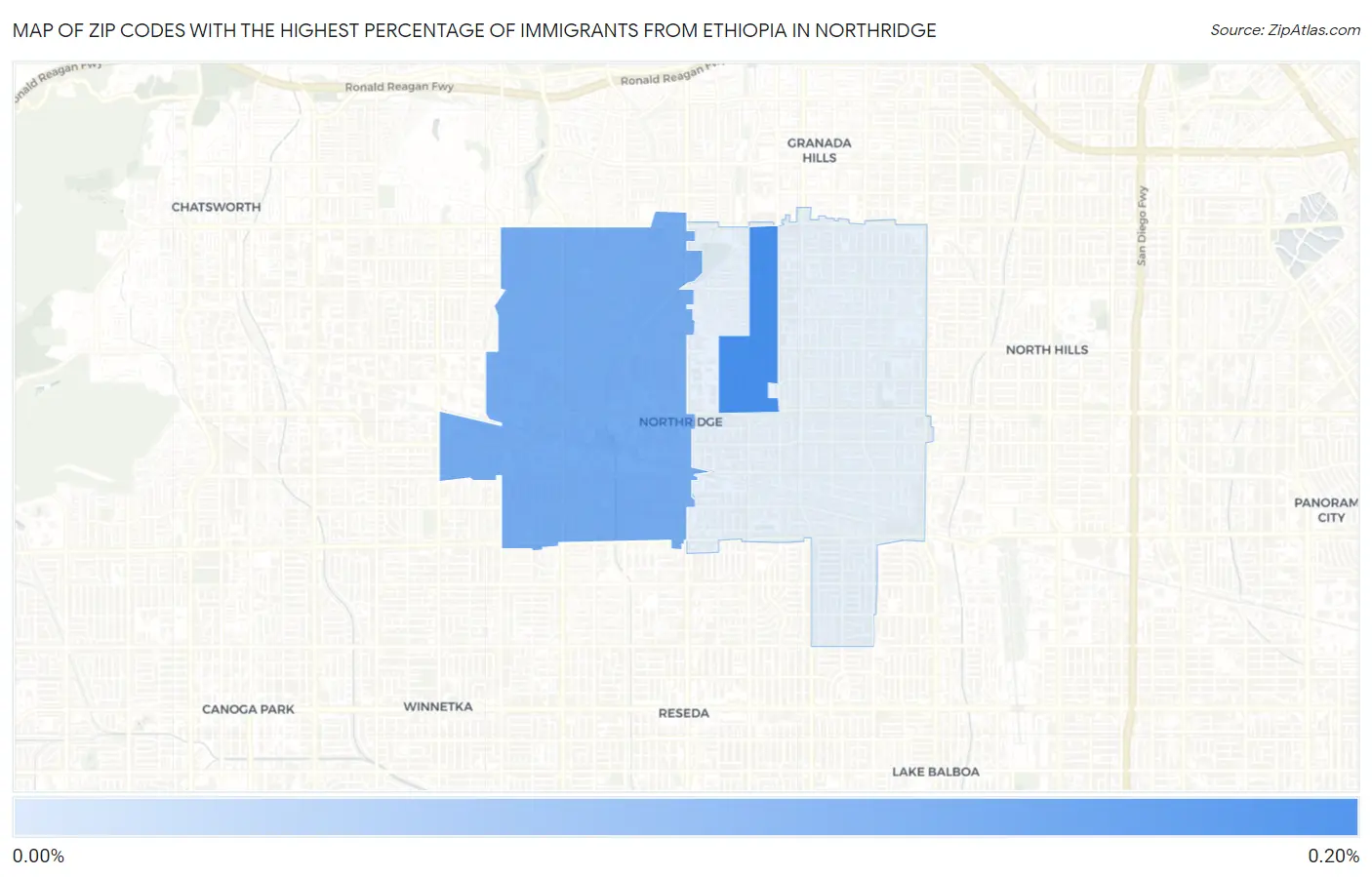 Zip Codes with the Highest Percentage of Immigrants from Ethiopia in Northridge Map
