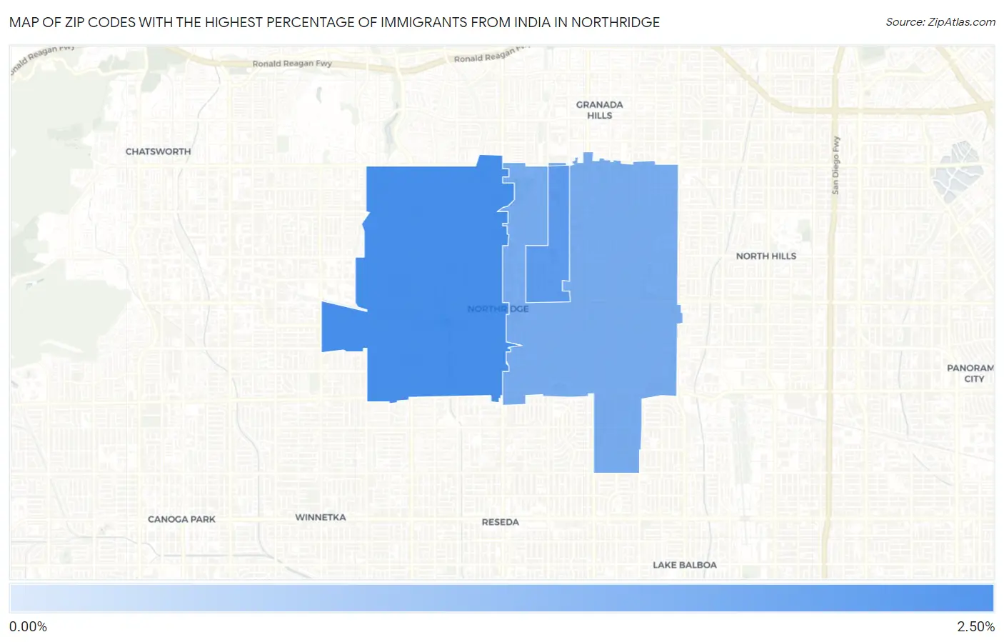 Zip Codes with the Highest Percentage of Immigrants from India in Northridge Map