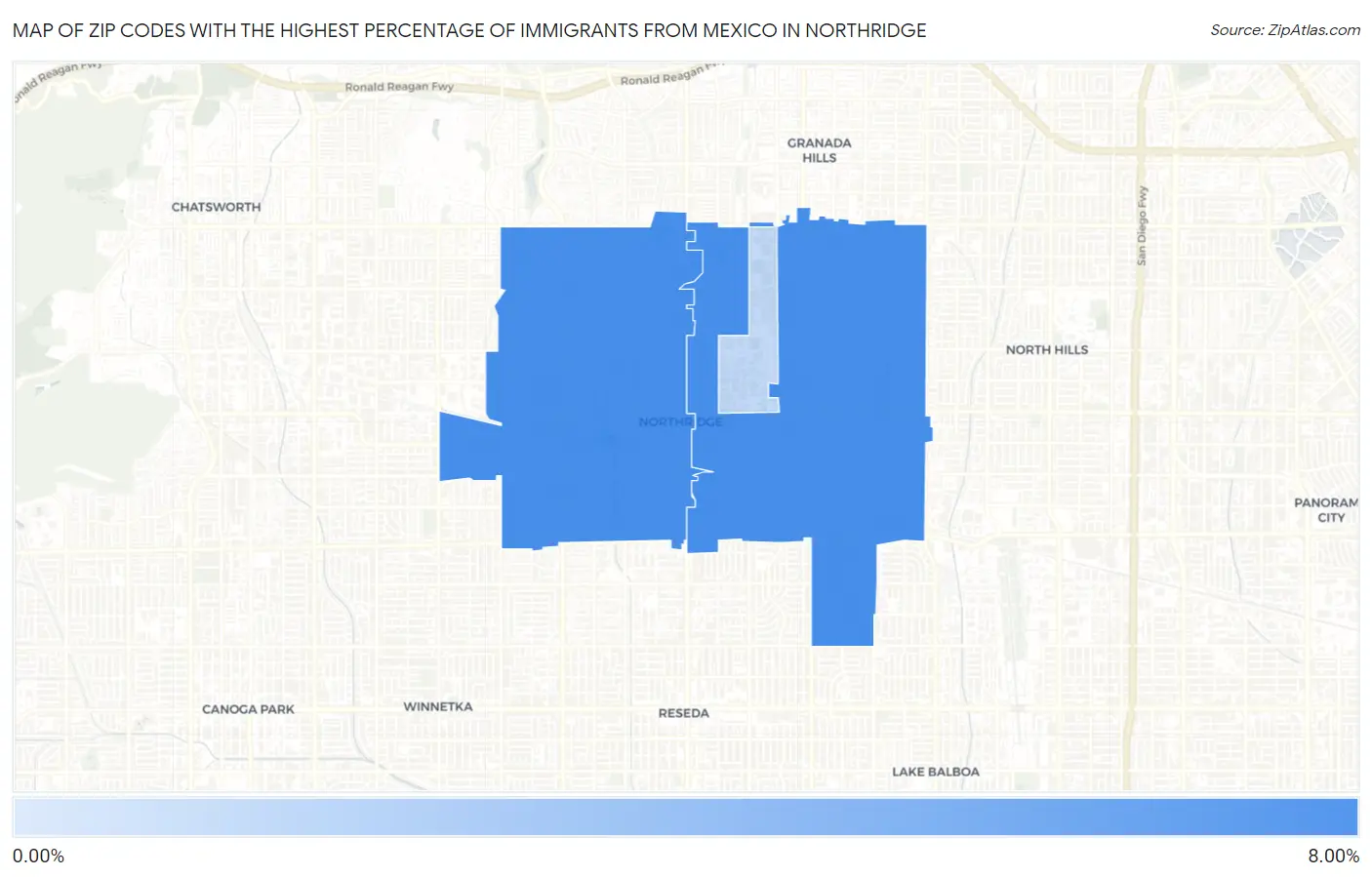 Zip Codes with the Highest Percentage of Immigrants from Mexico in Northridge Map