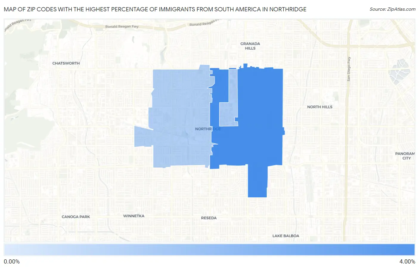 Zip Codes with the Highest Percentage of Immigrants from South America in Northridge Map