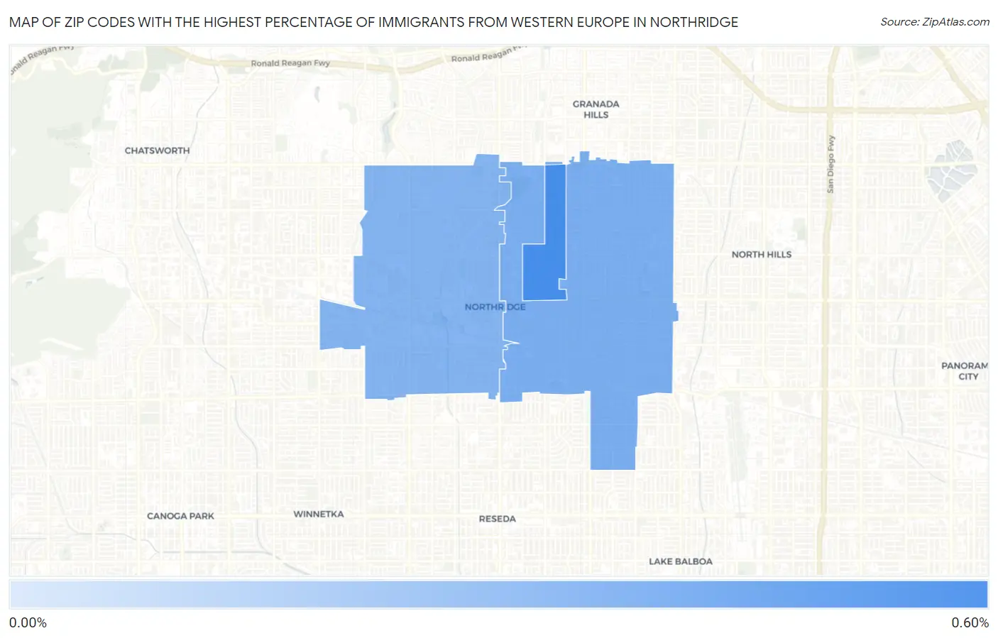 Zip Codes with the Highest Percentage of Immigrants from Western Europe in Northridge Map