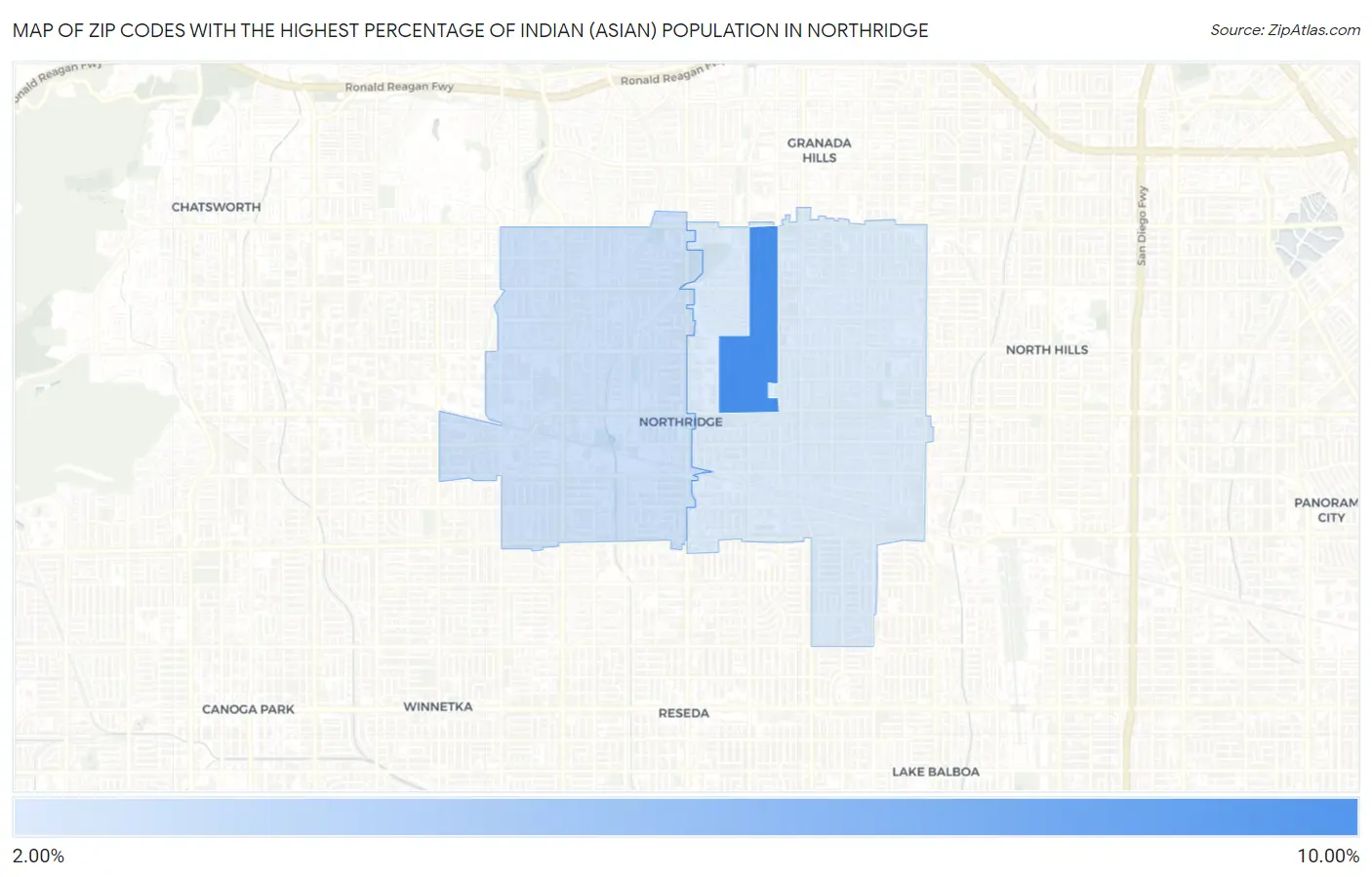 Zip Codes with the Highest Percentage of Indian (Asian) Population in Northridge Map