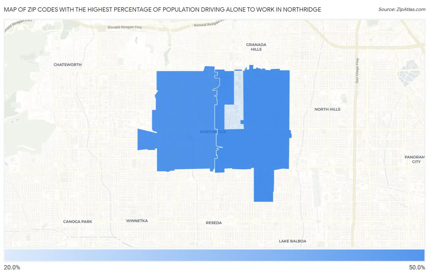 Zip Codes with the Highest Percentage of Population Driving Alone to Work in Northridge Map