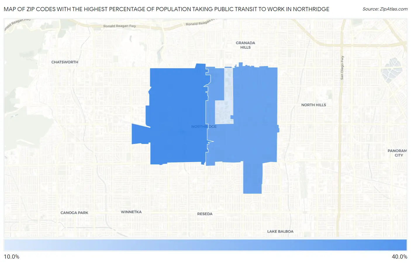Zip Codes with the Highest Percentage of Population Taking Public Transit to Work in Northridge Map
