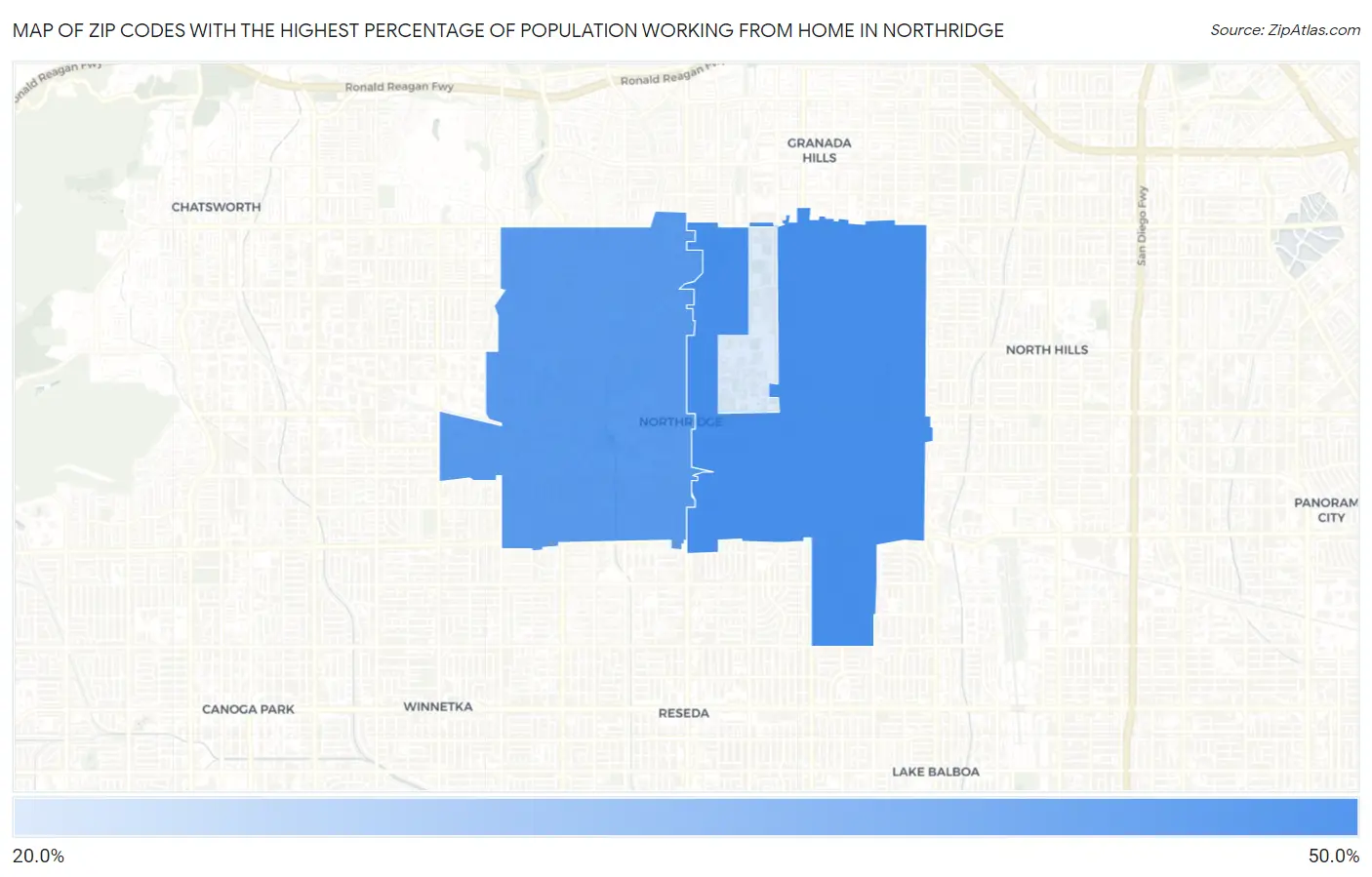 Zip Codes with the Highest Percentage of Population Working from Home in Northridge Map