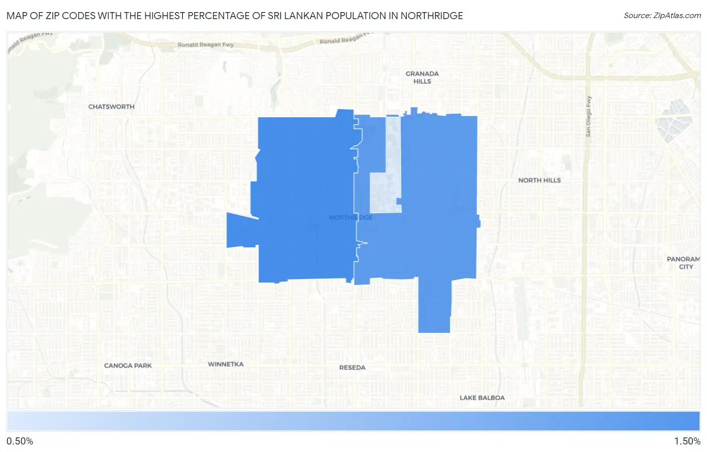 Zip Codes with the Highest Percentage of Sri Lankan Population in Northridge Map