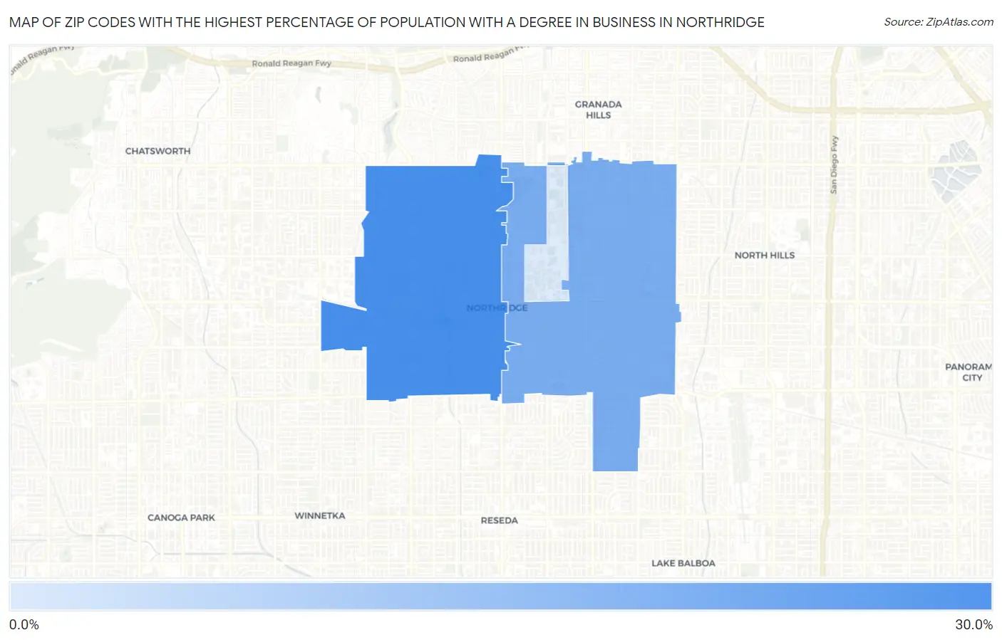 Zip Codes with the Highest Percentage of Population with a Degree in Business in Northridge Map