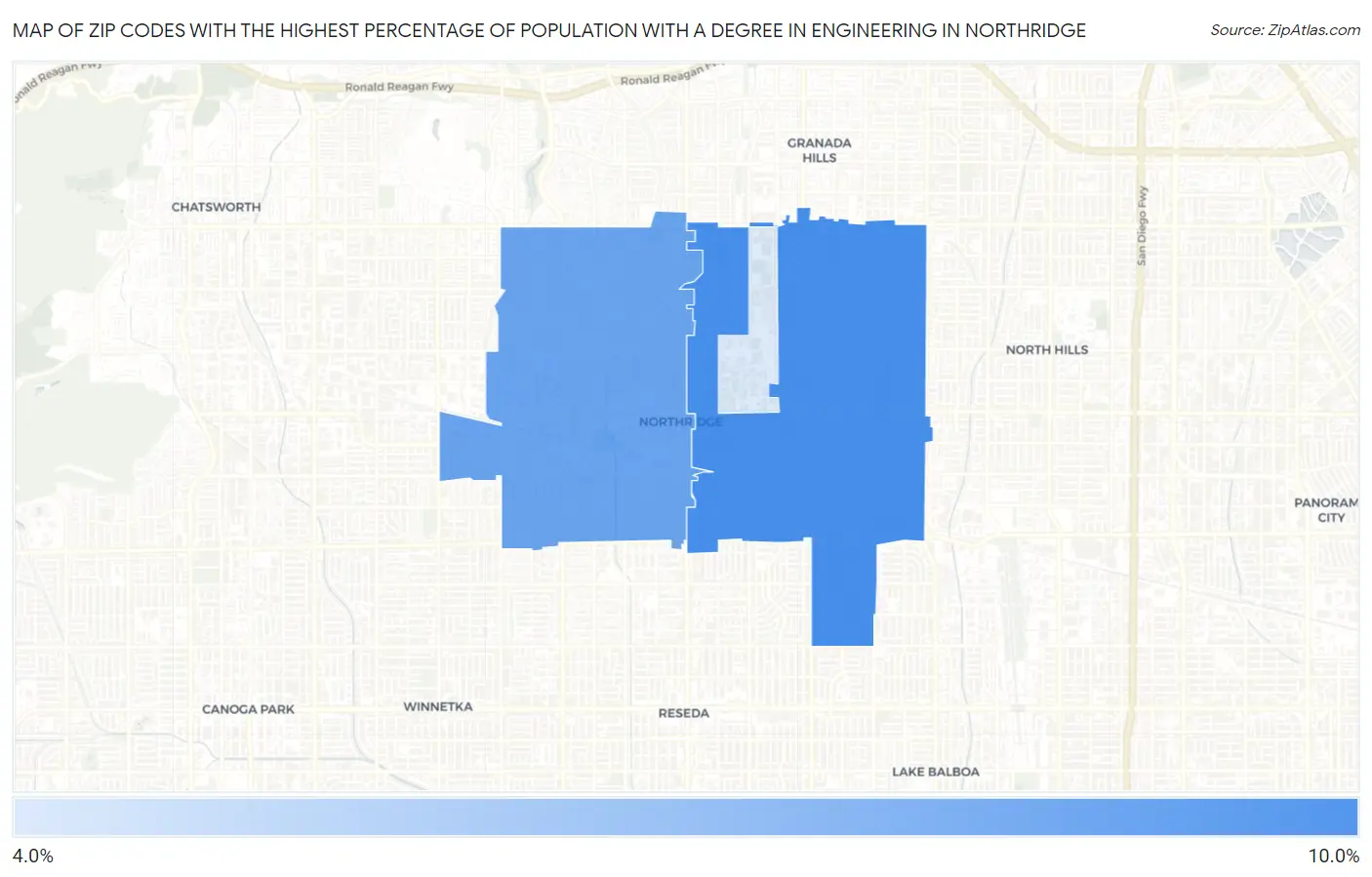 Zip Codes with the Highest Percentage of Population with a Degree in Engineering in Northridge Map