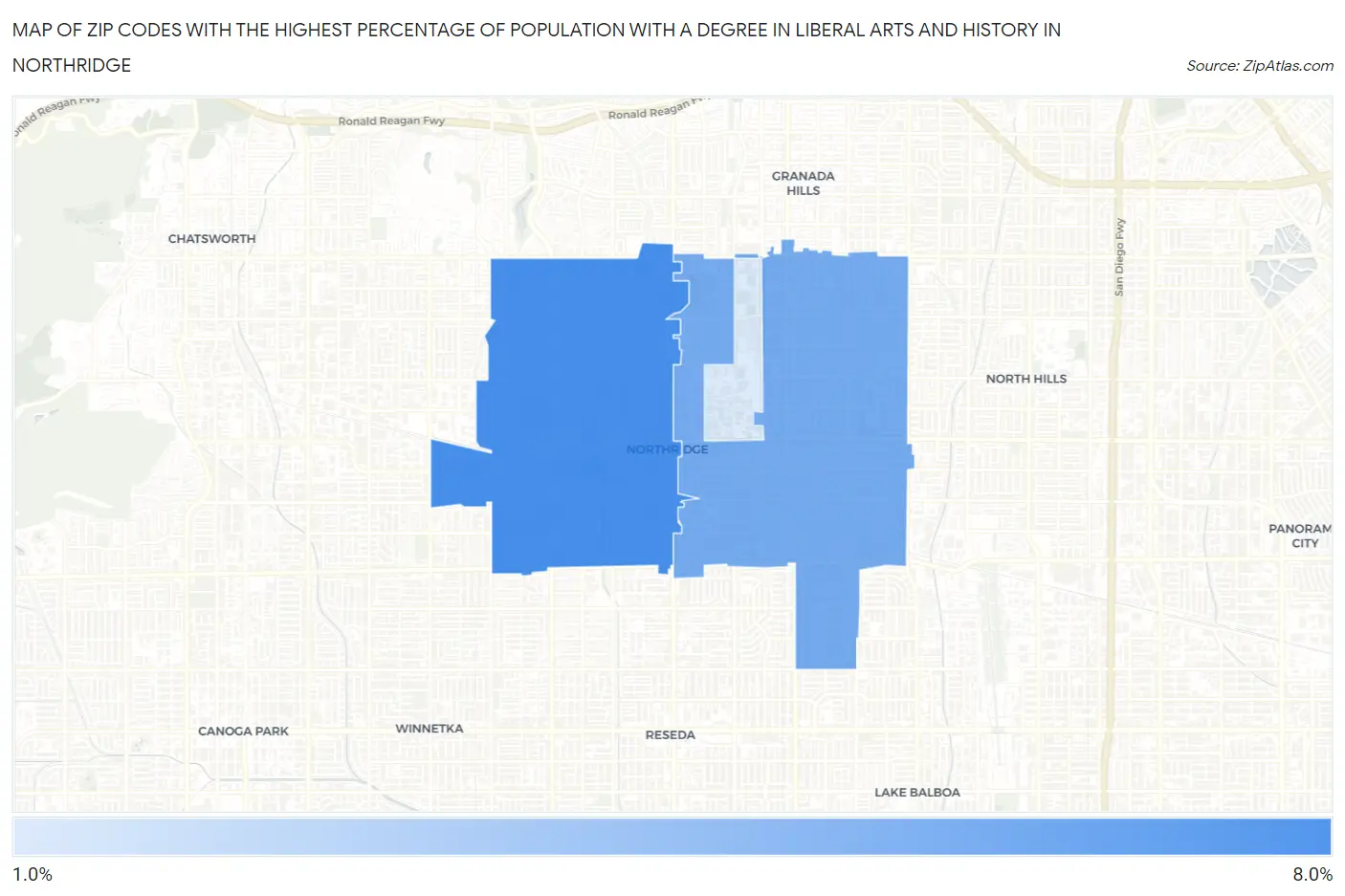 Zip Codes with the Highest Percentage of Population with a Degree in Liberal Arts and History in Northridge Map