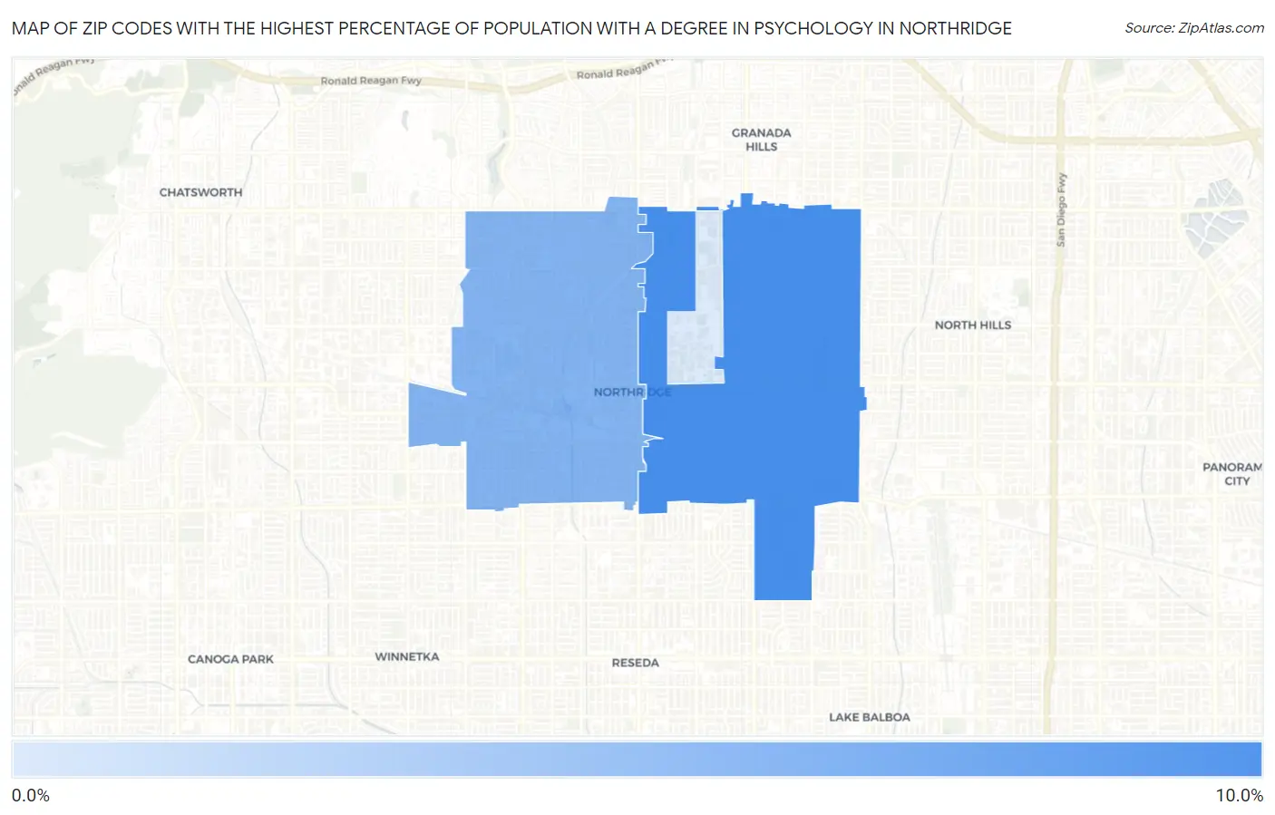 Zip Codes with the Highest Percentage of Population with a Degree in Psychology in Northridge Map