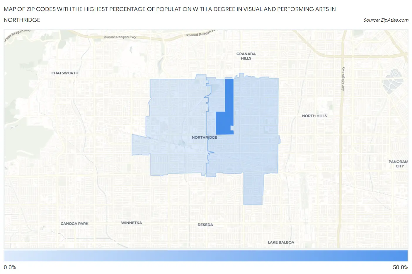 Zip Codes with the Highest Percentage of Population with a Degree in Visual and Performing Arts in Northridge Map
