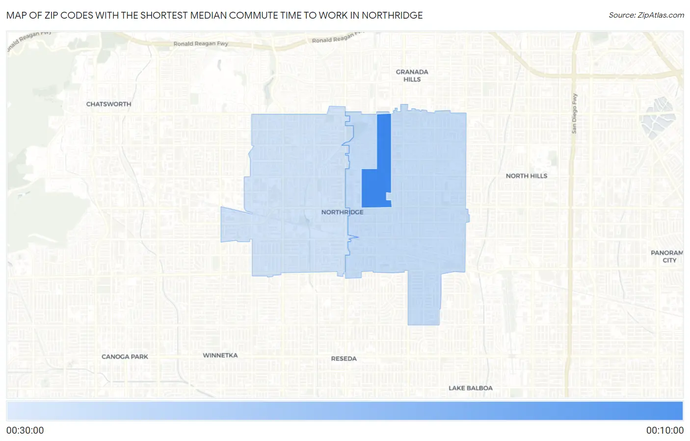 Zip Codes with the Shortest Median Commute Time to Work in Northridge Map