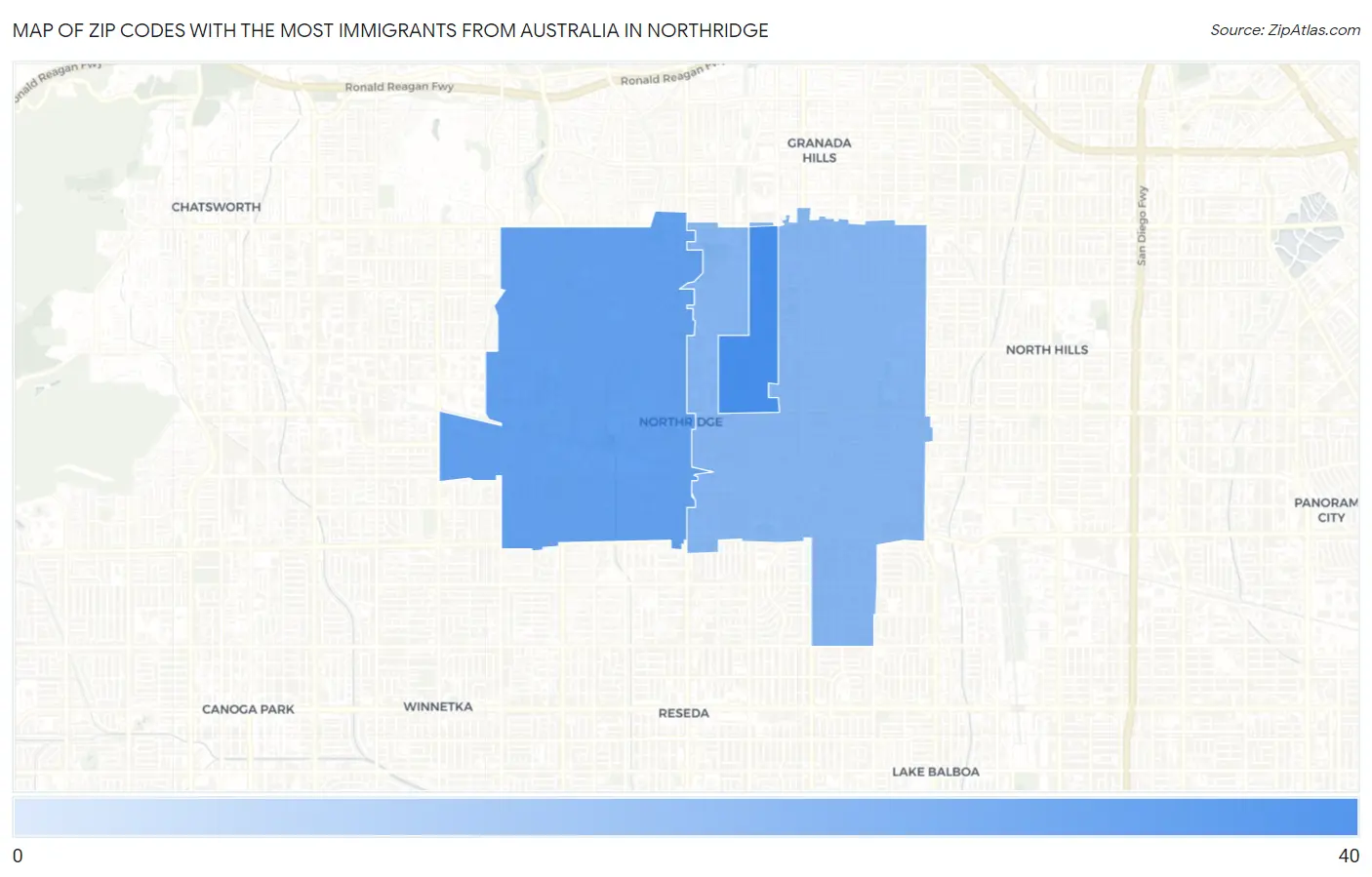 Zip Codes with the Most Immigrants from Australia in Northridge Map