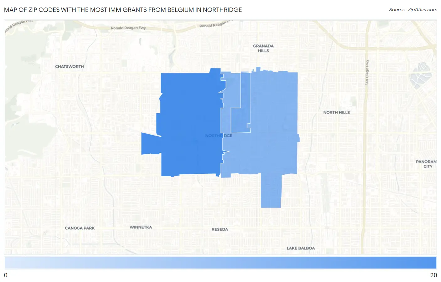 Zip Codes with the Most Immigrants from Belgium in Northridge Map