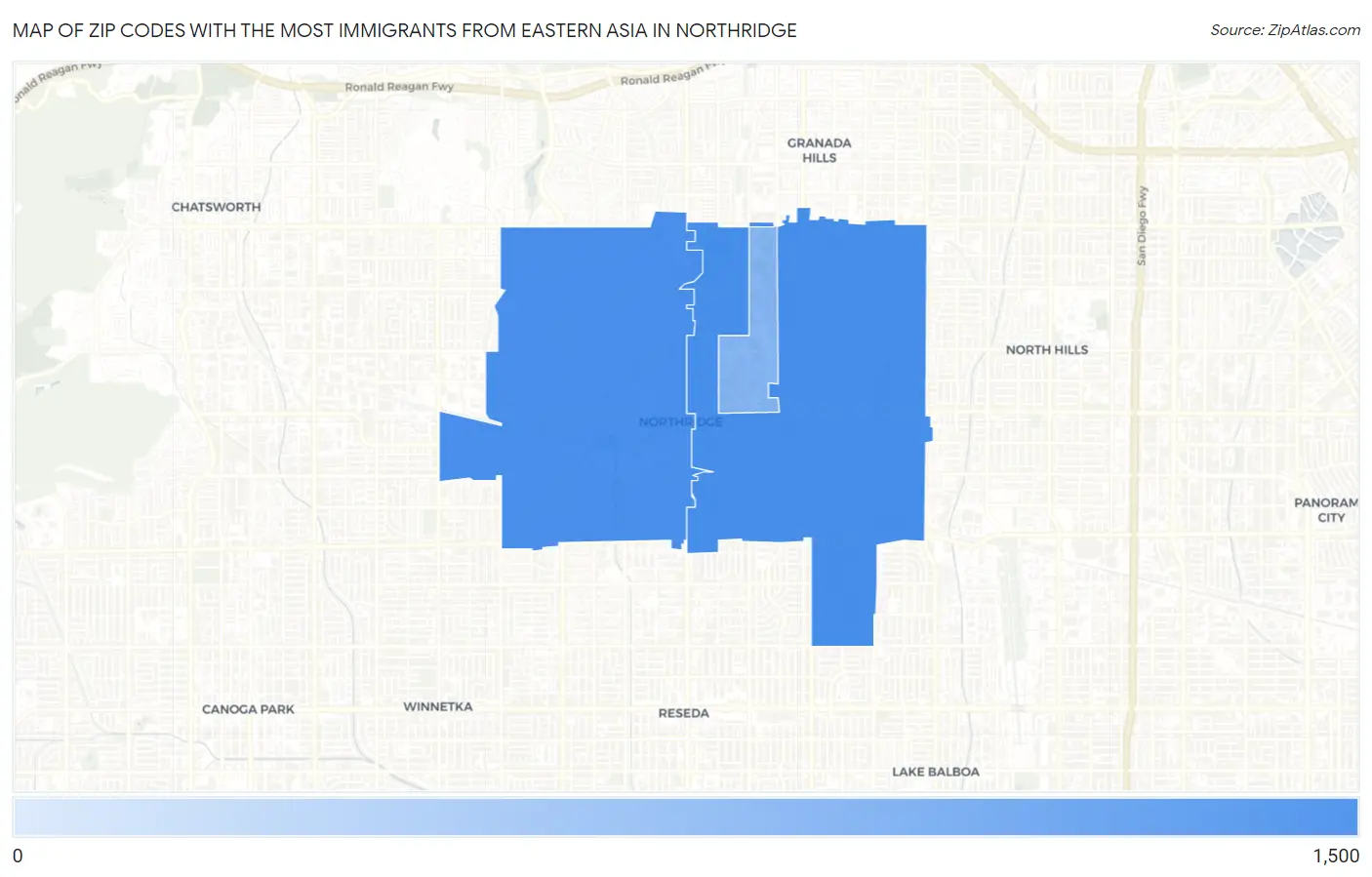 Zip Codes with the Most Immigrants from Eastern Asia in Northridge Map