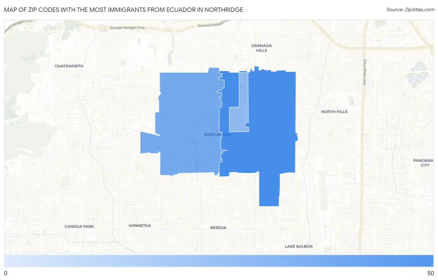 Zip Codes with the Most Immigrants from Ecuador in Northridge Map