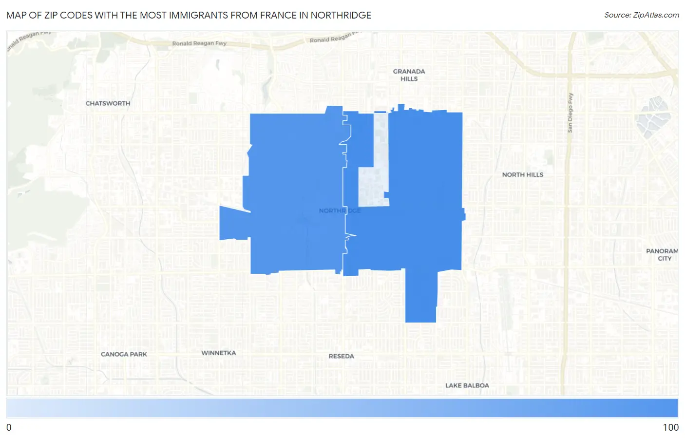 Zip Codes with the Most Immigrants from France in Northridge Map