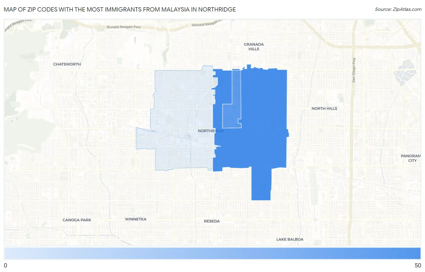 Zip Codes with the Most Immigrants from Malaysia in Northridge Map