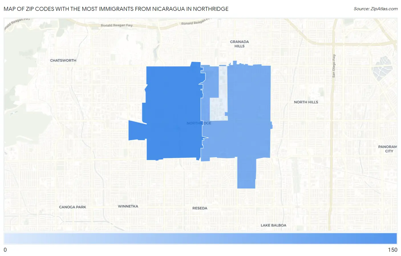 Zip Codes with the Most Immigrants from Nicaragua in Northridge Map