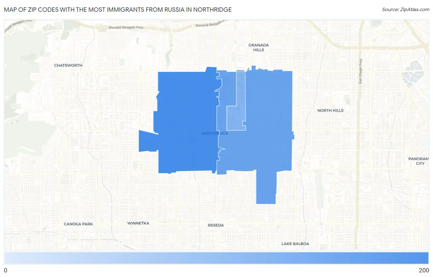 Zip Codes with the Most Immigrants from Russia in Northridge Map