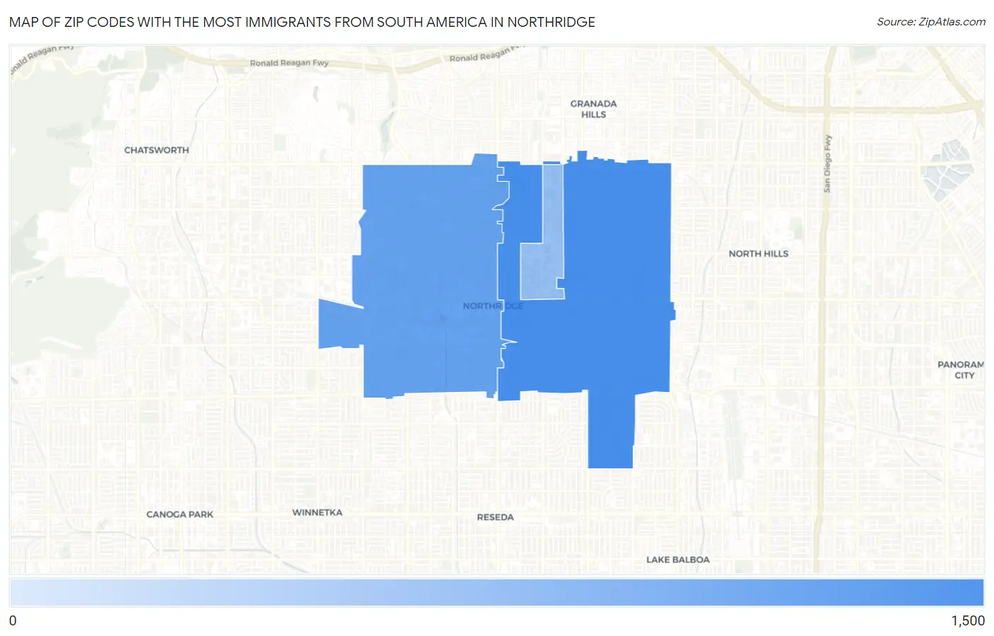 Zip Codes with the Most Immigrants from South America in Northridge Map