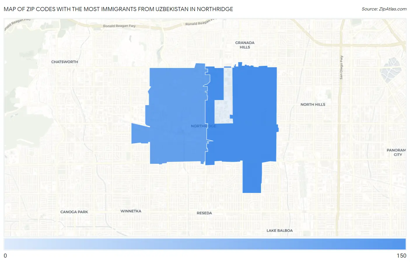 Zip Codes with the Most Immigrants from Uzbekistan in Northridge Map