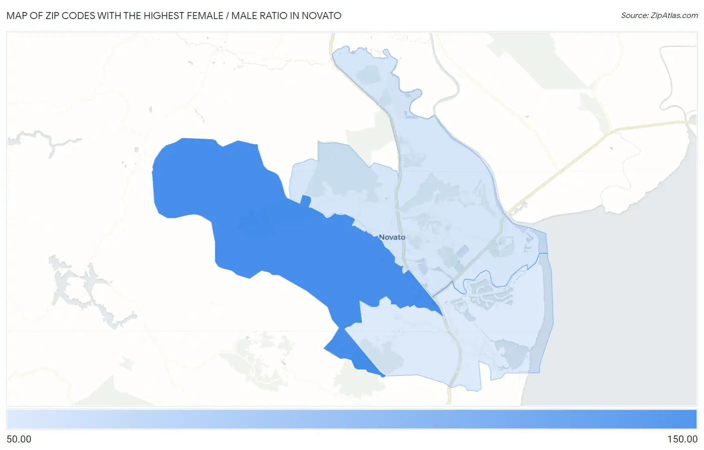 Zip Codes with the Highest Female / Male Ratio in Novato Map