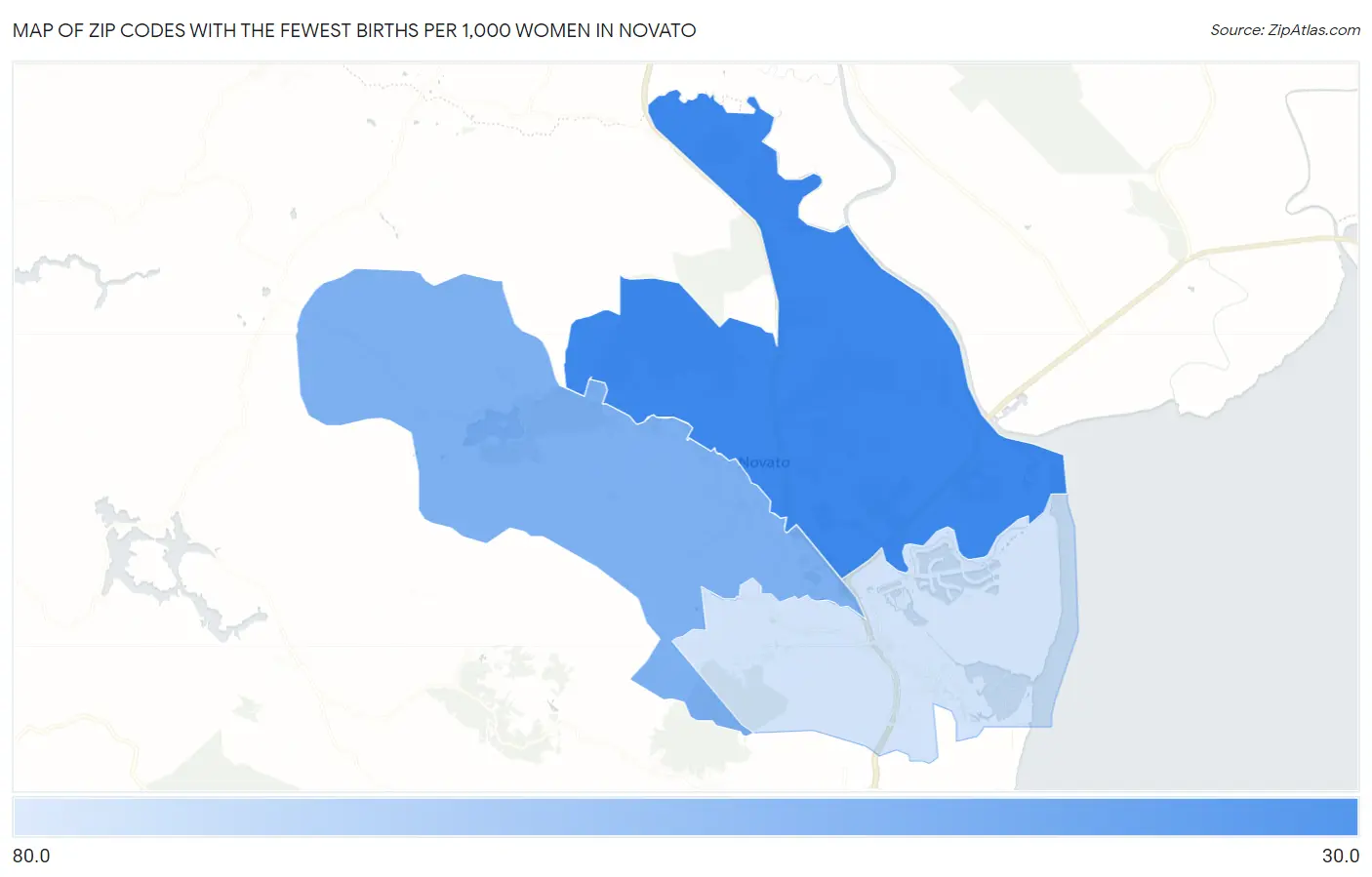 Zip Codes with the Fewest Births per 1,000 Women in Novato Map