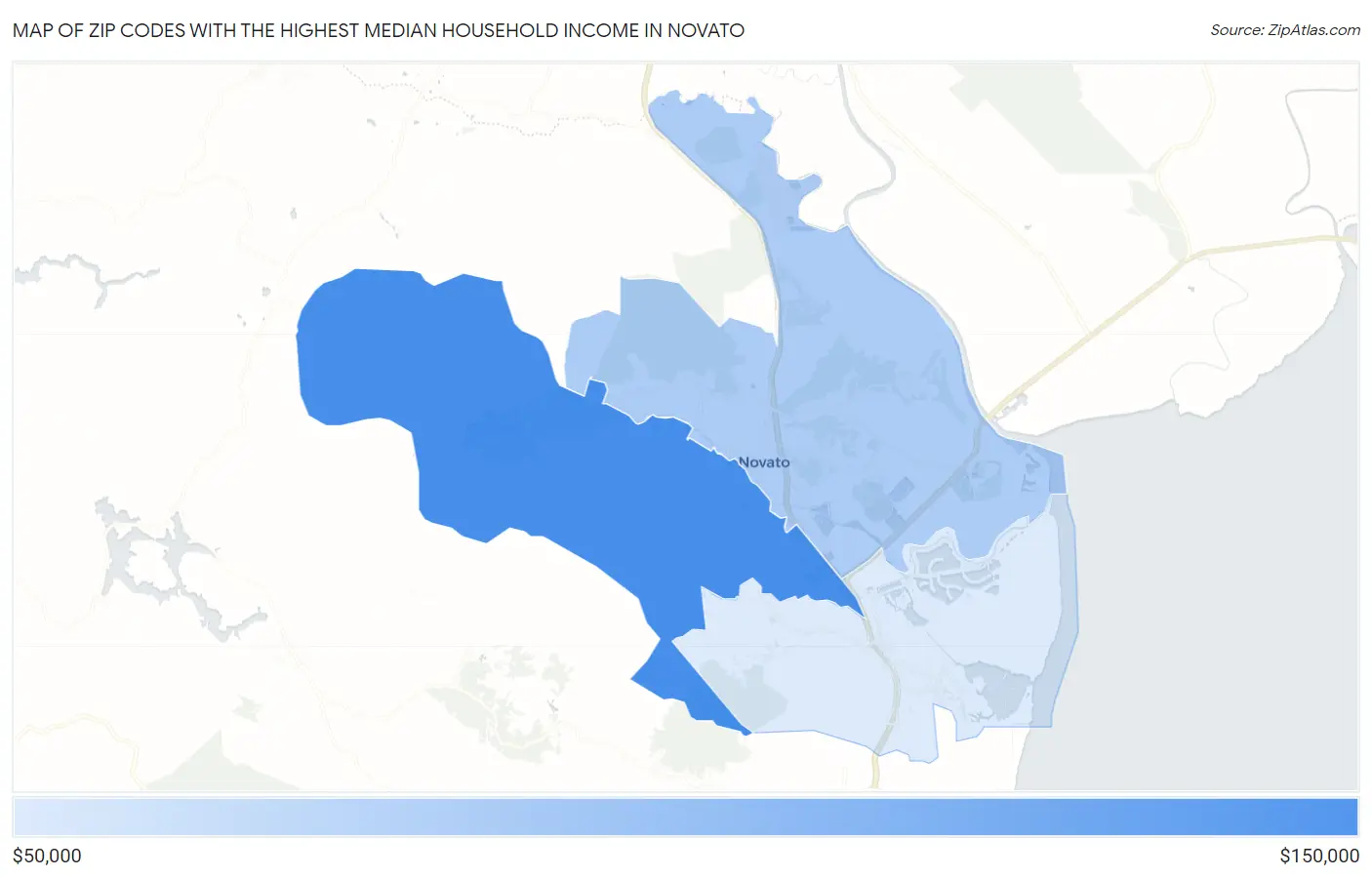 Zip Codes with the Highest Median Household Income in Novato Map