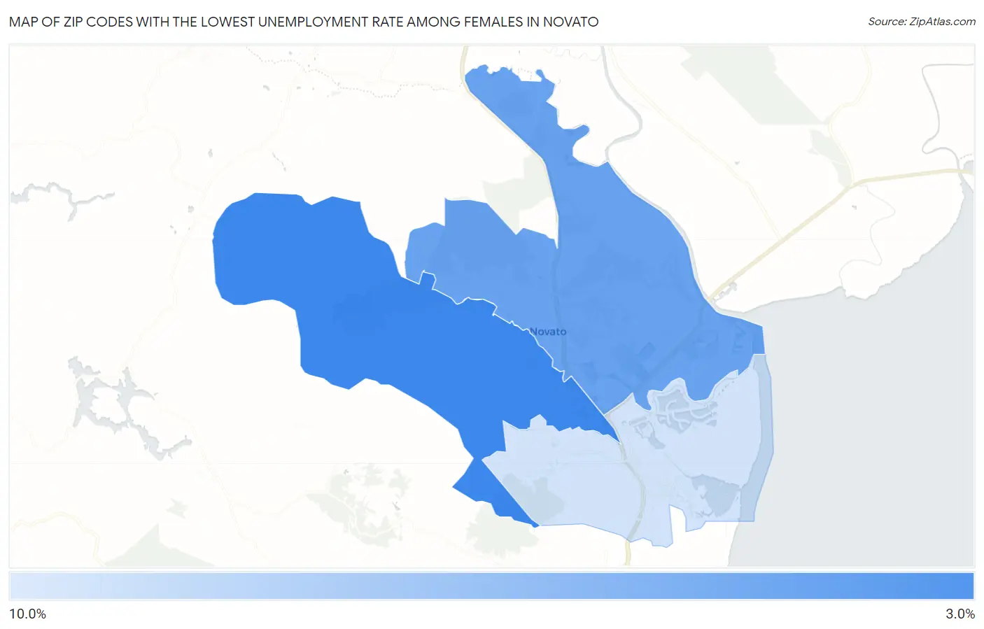 Zip Codes with the Lowest Unemployment Rate Among Females in Novato Map