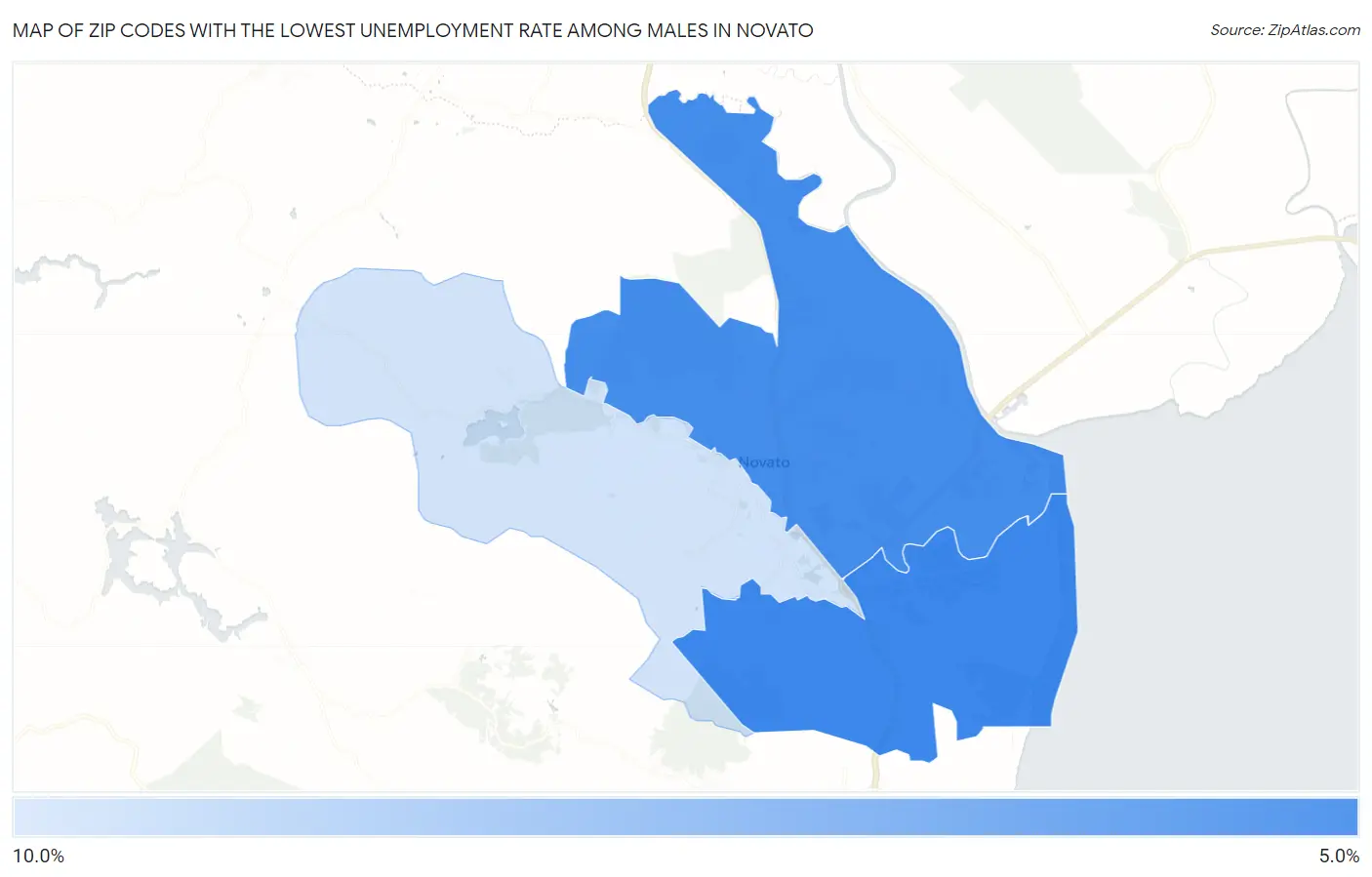 Zip Codes with the Lowest Unemployment Rate Among Males in Novato Map
