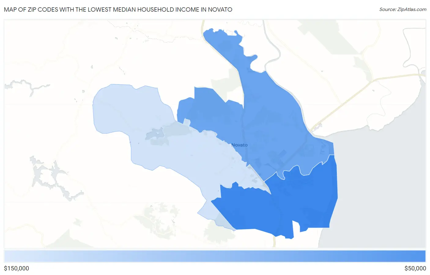Zip Codes with the Lowest Median Household Income in Novato Map