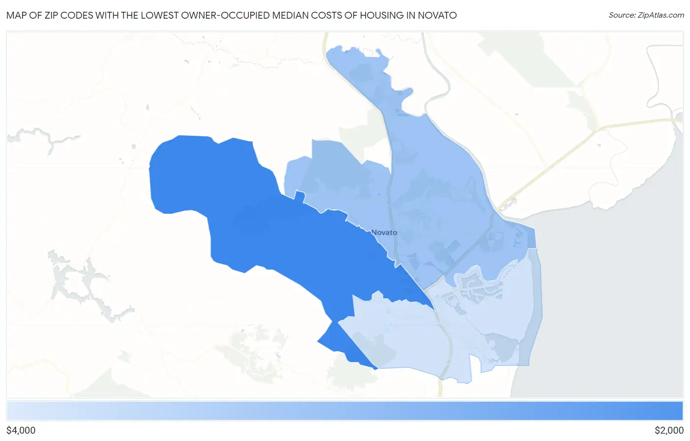 Zip Codes with the Lowest Owner-Occupied Median Costs of Housing in Novato Map