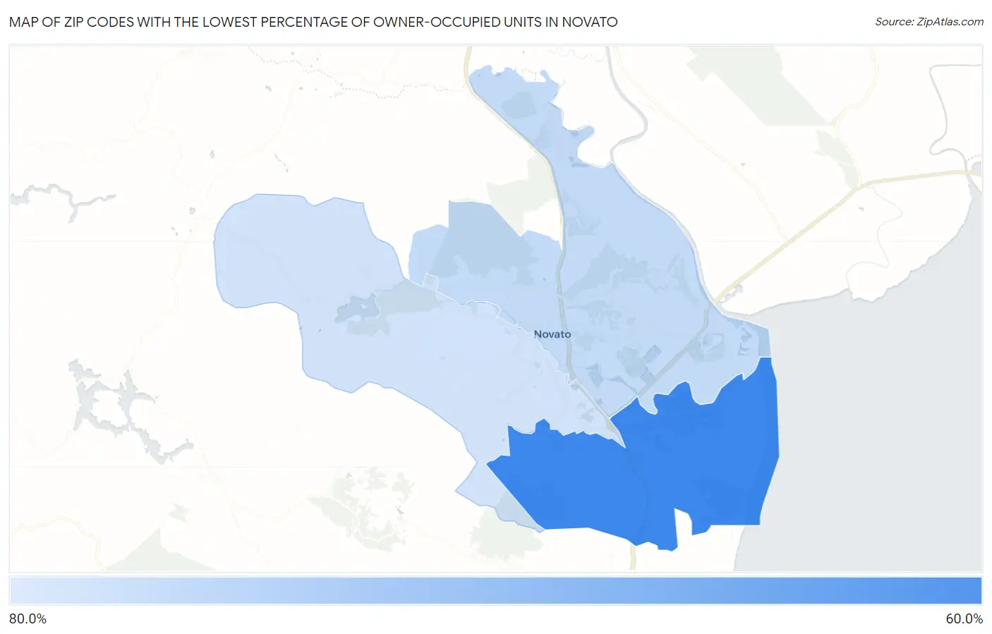 Zip Codes with the Lowest Percentage of Owner-Occupied Units in Novato Map