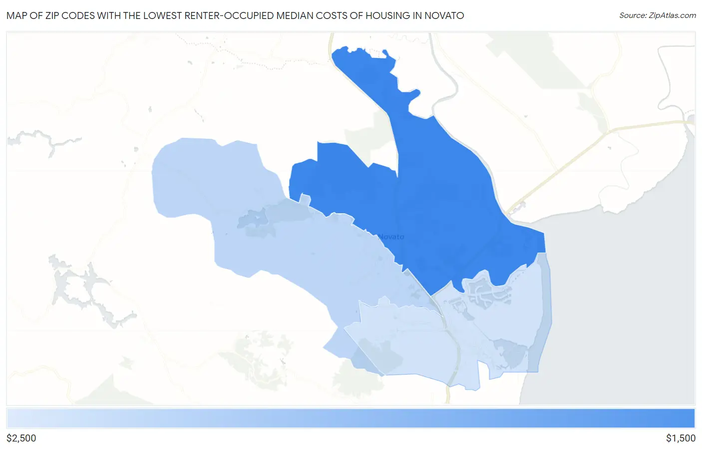 Zip Codes with the Lowest Renter-Occupied Median Costs of Housing in Novato Map