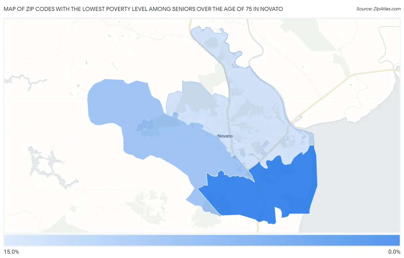 Zip Codes with the Lowest Poverty Level Among Seniors Over the Age of 75 in Novato Map