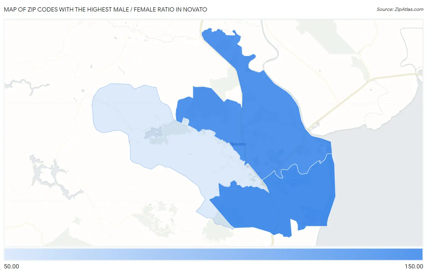 Zip Codes with the Highest Male / Female Ratio in Novato Map