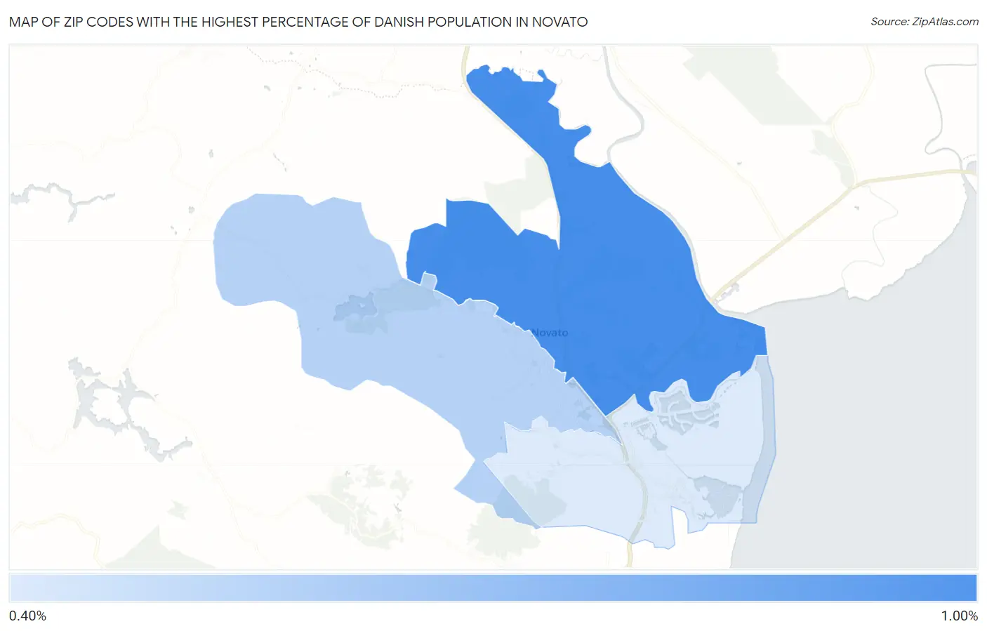 Zip Codes with the Highest Percentage of Danish Population in Novato Map