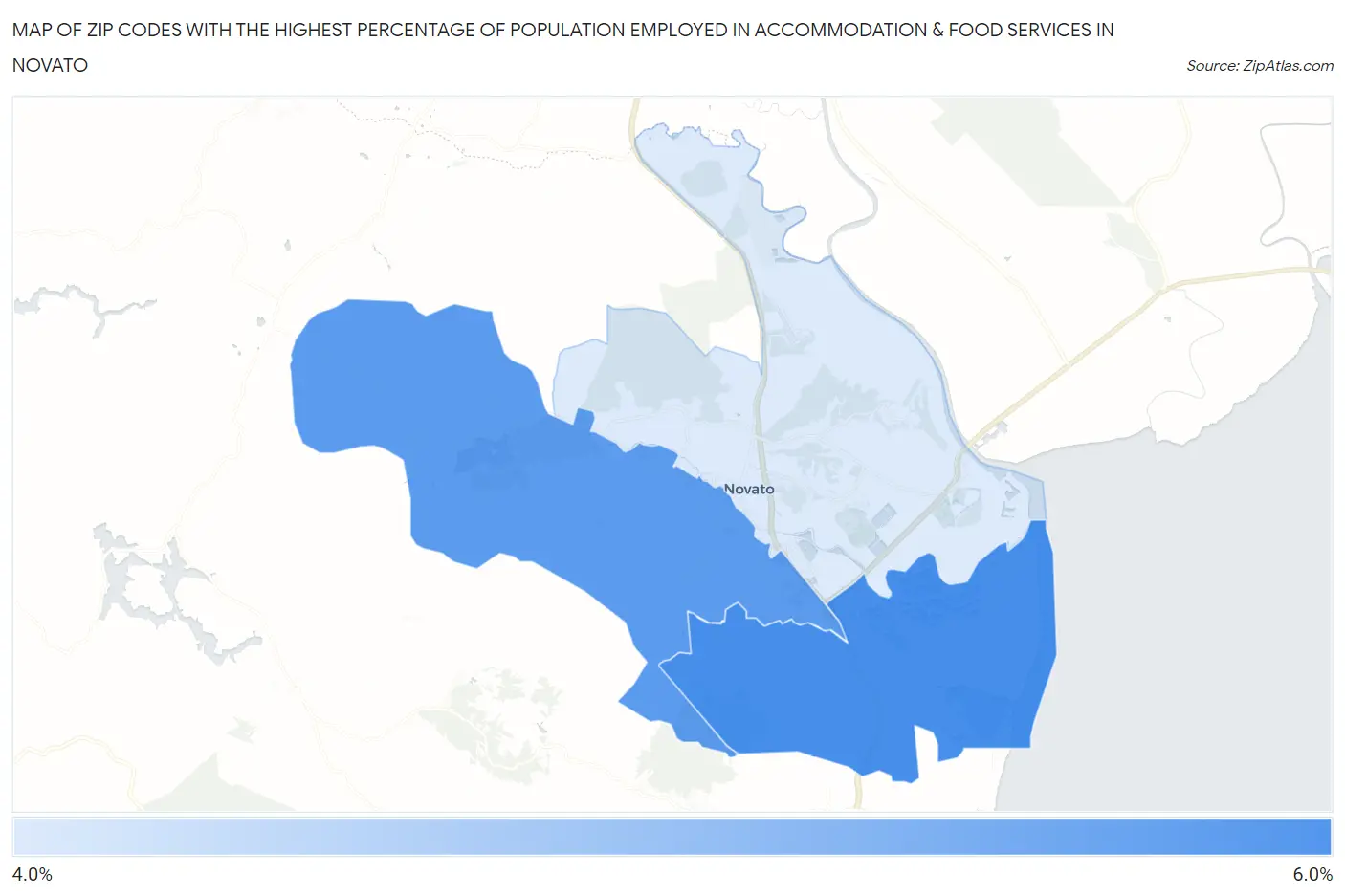 Zip Codes with the Highest Percentage of Population Employed in Accommodation & Food Services in Novato Map