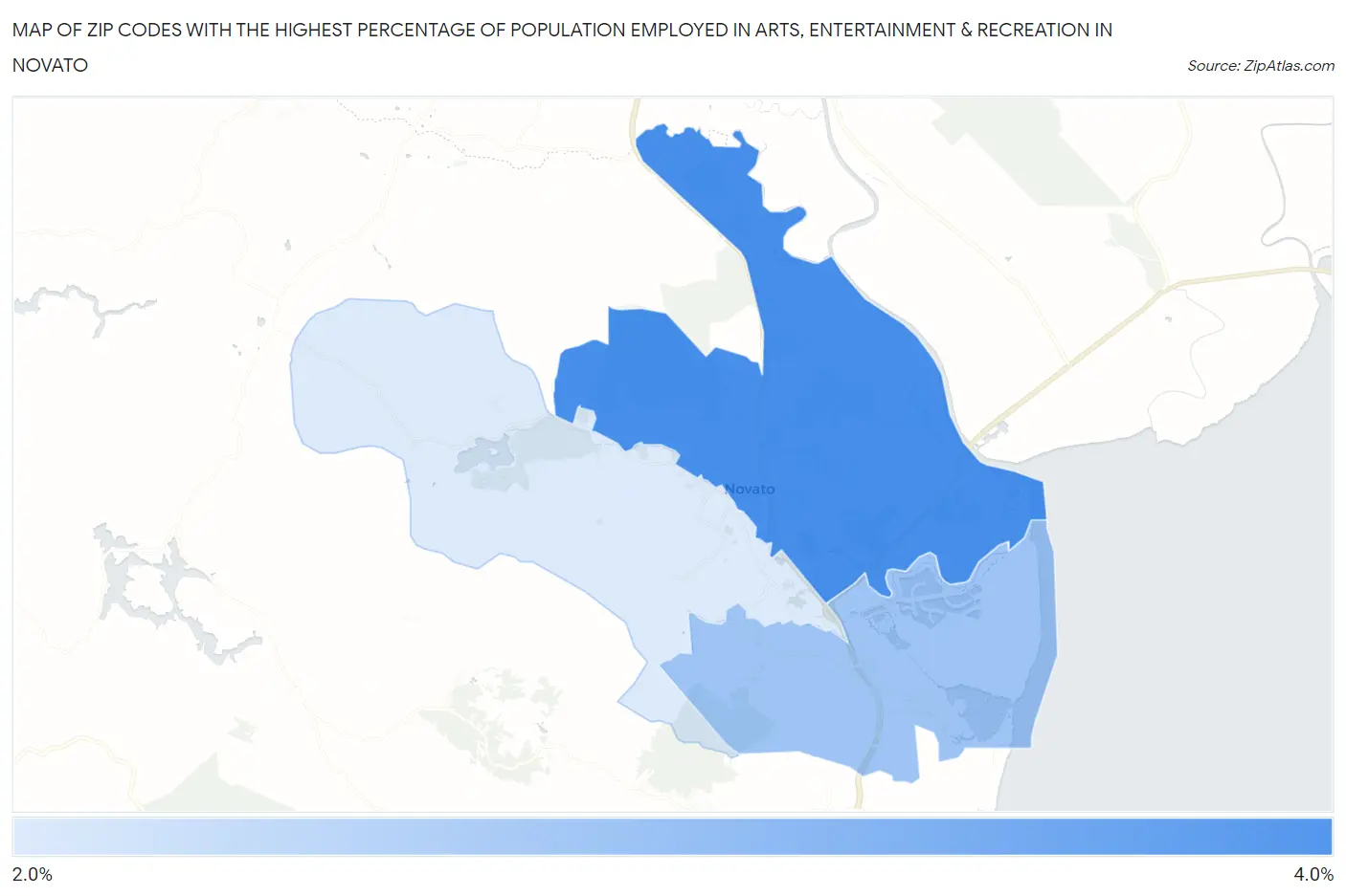 Zip Codes with the Highest Percentage of Population Employed in Arts, Entertainment & Recreation in Novato Map