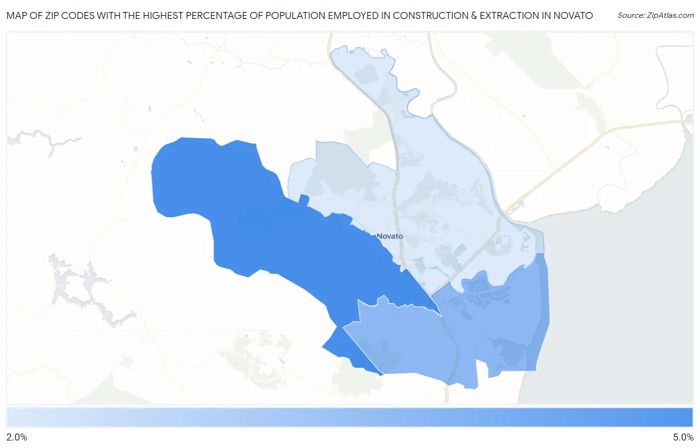 Zip Codes with the Highest Percentage of Population Employed in Construction & Extraction in Novato Map