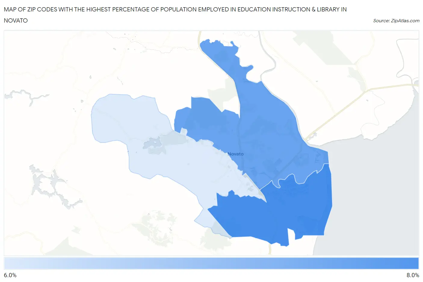 Zip Codes with the Highest Percentage of Population Employed in Education Instruction & Library in Novato Map