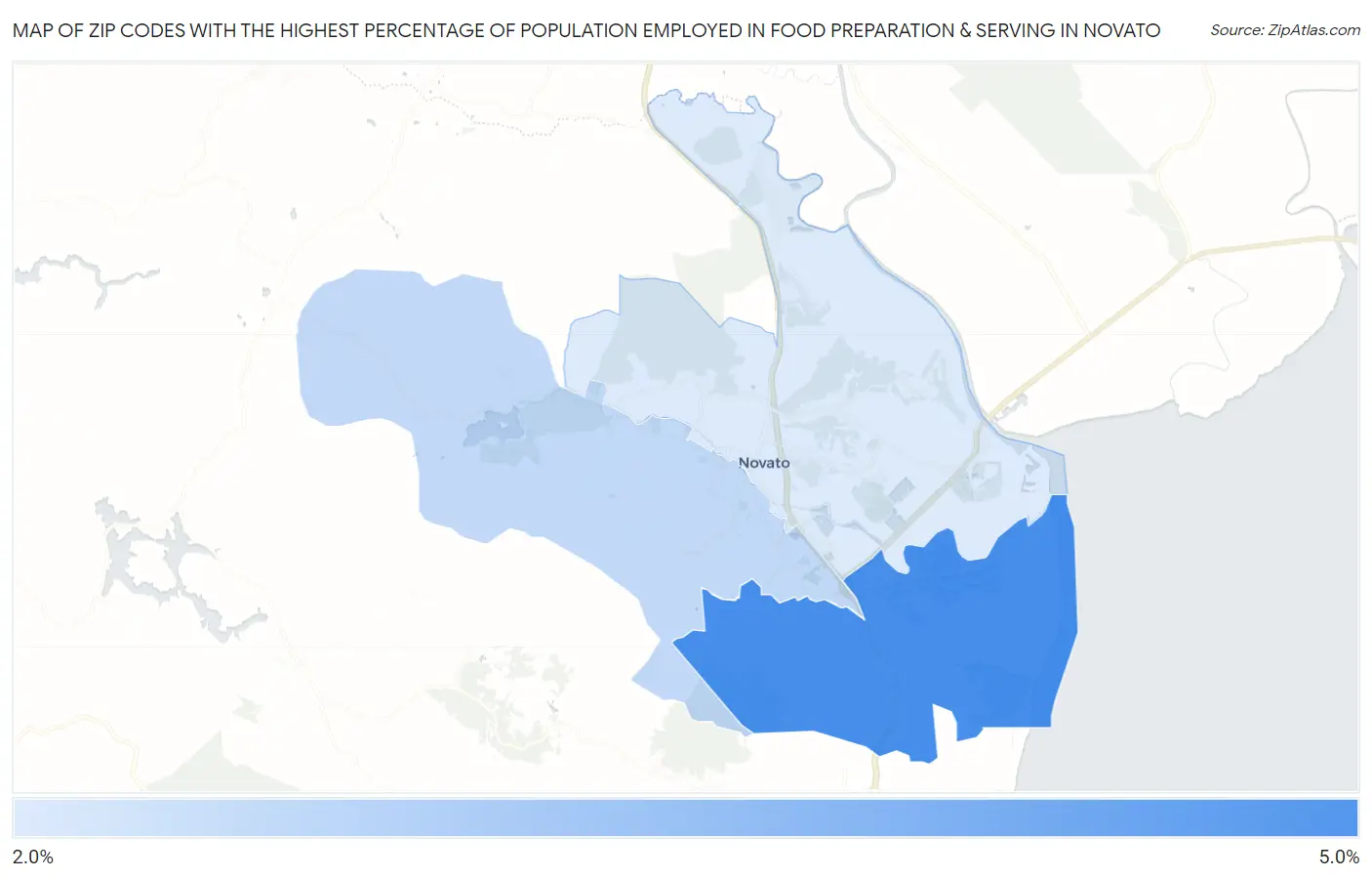 Zip Codes with the Highest Percentage of Population Employed in Food Preparation & Serving in Novato Map