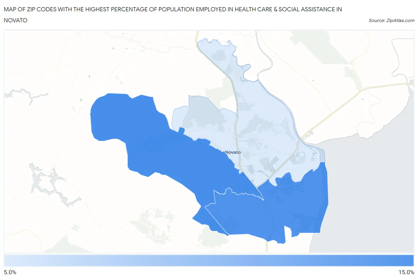 Zip Codes with the Highest Percentage of Population Employed in Health Care & Social Assistance in Novato Map