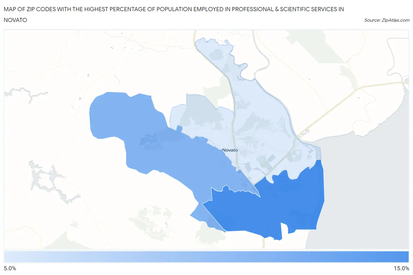 Zip Codes with the Highest Percentage of Population Employed in Professional & Scientific Services in Novato Map