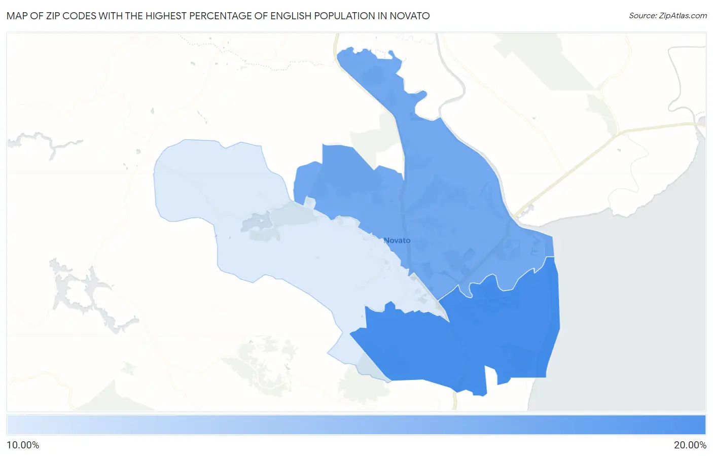 Zip Codes with the Highest Percentage of English Population in Novato Map