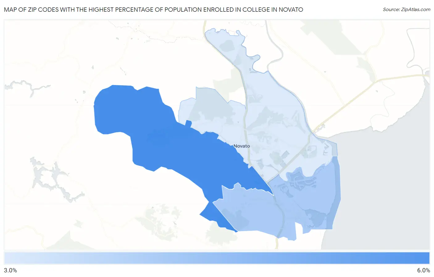 Zip Codes with the Highest Percentage of Population Enrolled in College in Novato Map