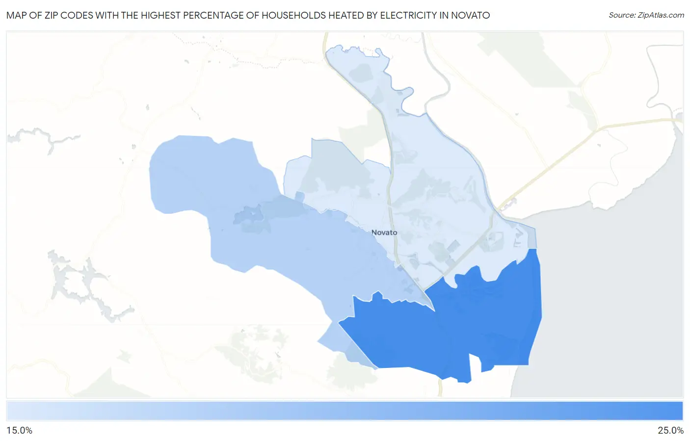 Zip Codes with the Highest Percentage of Households Heated by Electricity in Novato Map