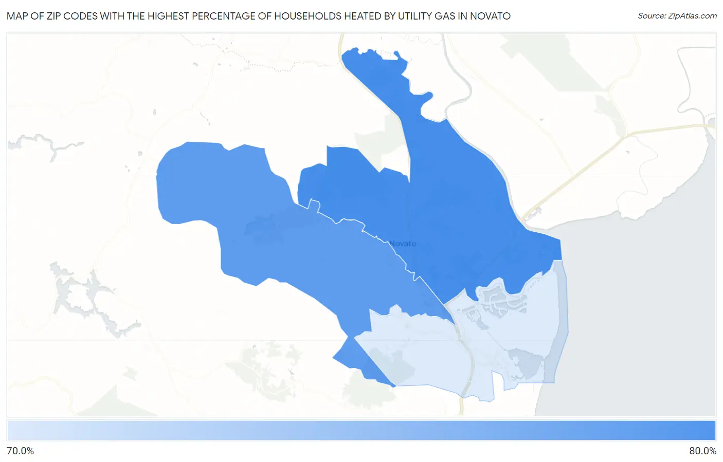 Zip Codes with the Highest Percentage of Households Heated by Utility Gas in Novato Map