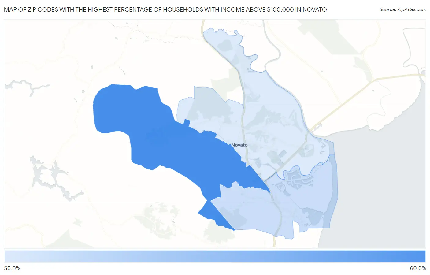 Zip Codes with the Highest Percentage of Households with Income Above $100,000 in Novato Map